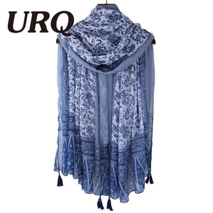 Large Soft Viscose Scarf with Tassels Floral Print for Women Bohemian Style Summer
