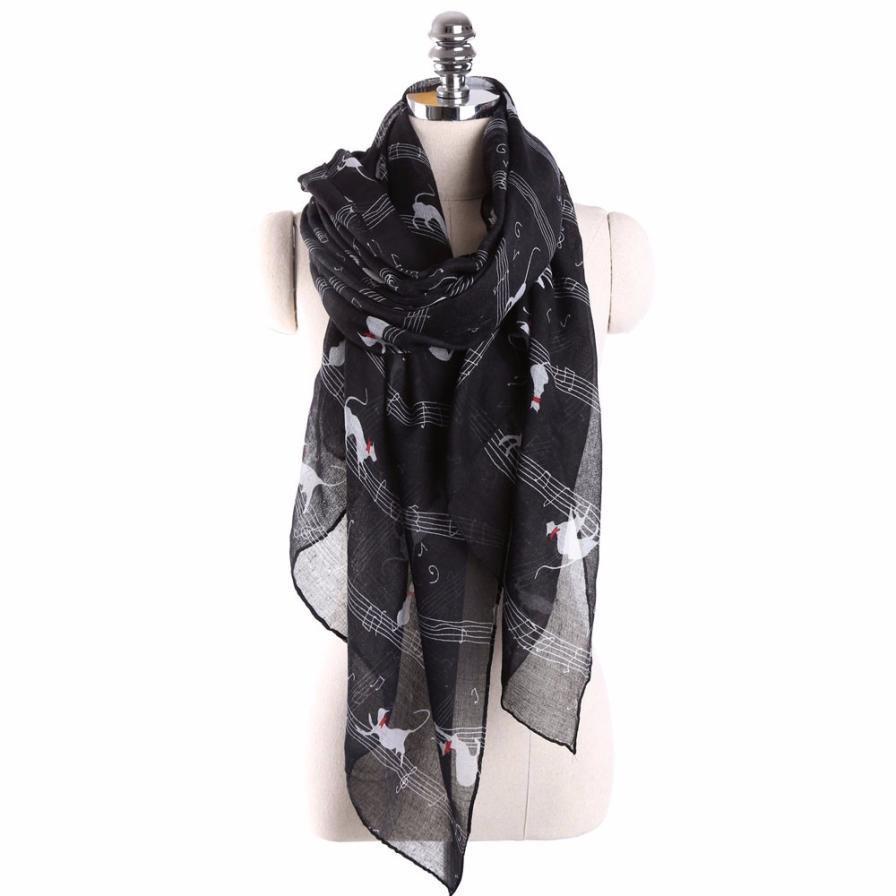 Fashion Elegant Women Ladies Musical Note Cat Print Pattern Long Scarf Women Winter Warm Wrap Shawl