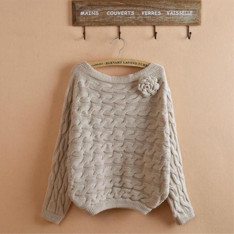 Women Sweater-Rose Twisted Bat Sleeve Neckline Knitted Jersey